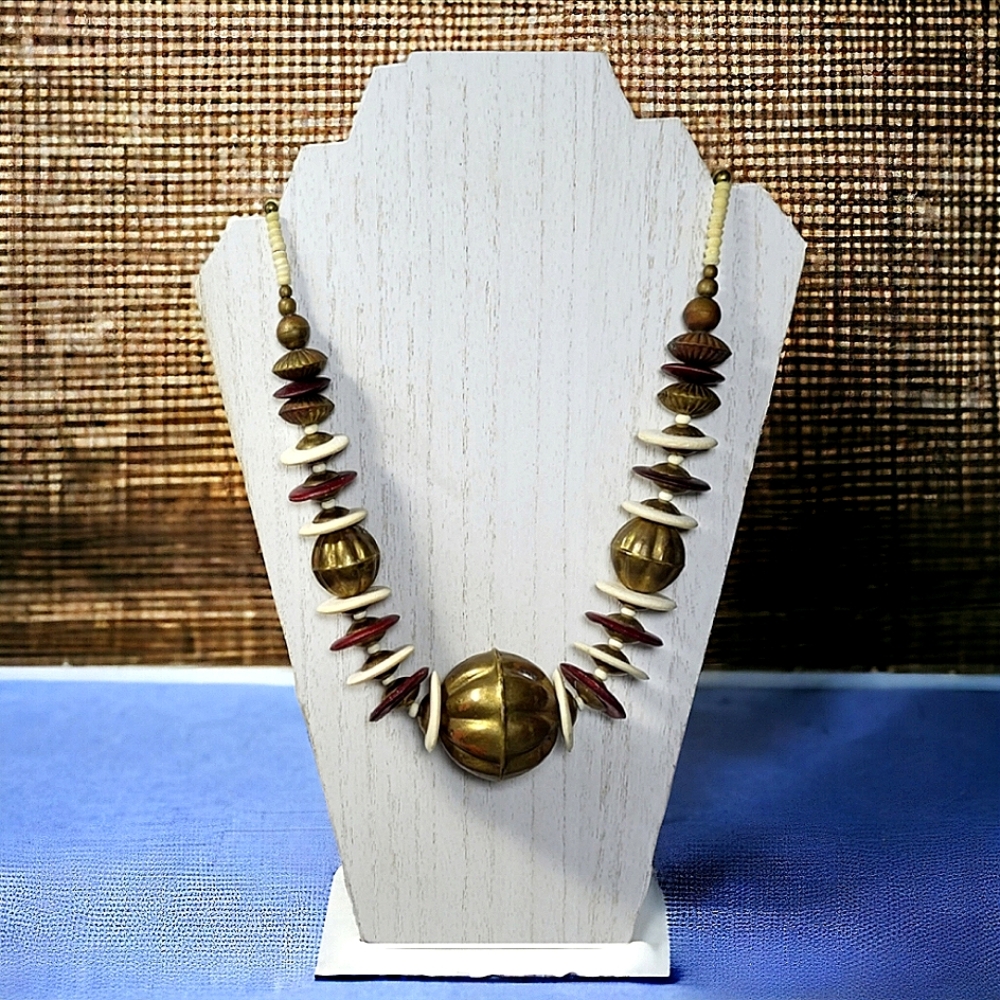 Vintage Bone and Brass Beaded Necklace